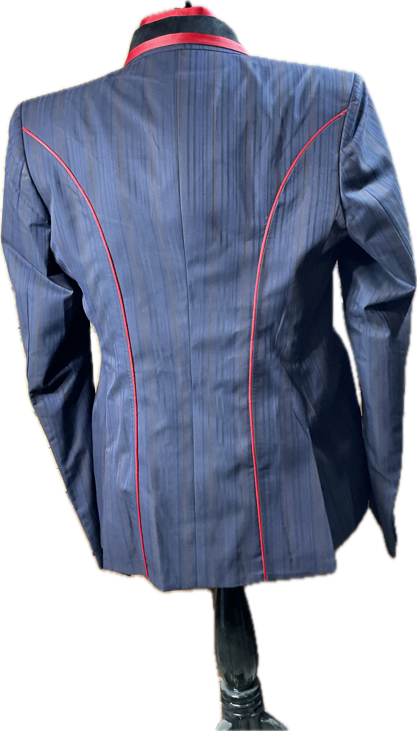 *41 Bust* Black, red and blue pinstripe with matching red shirt with hidden zippers