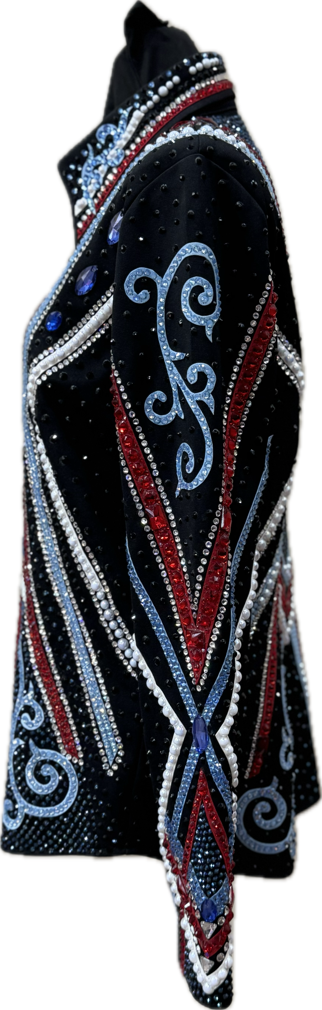 Large Black Showmanship Jacket with Red, Royal Blue and Sky Blue Accents