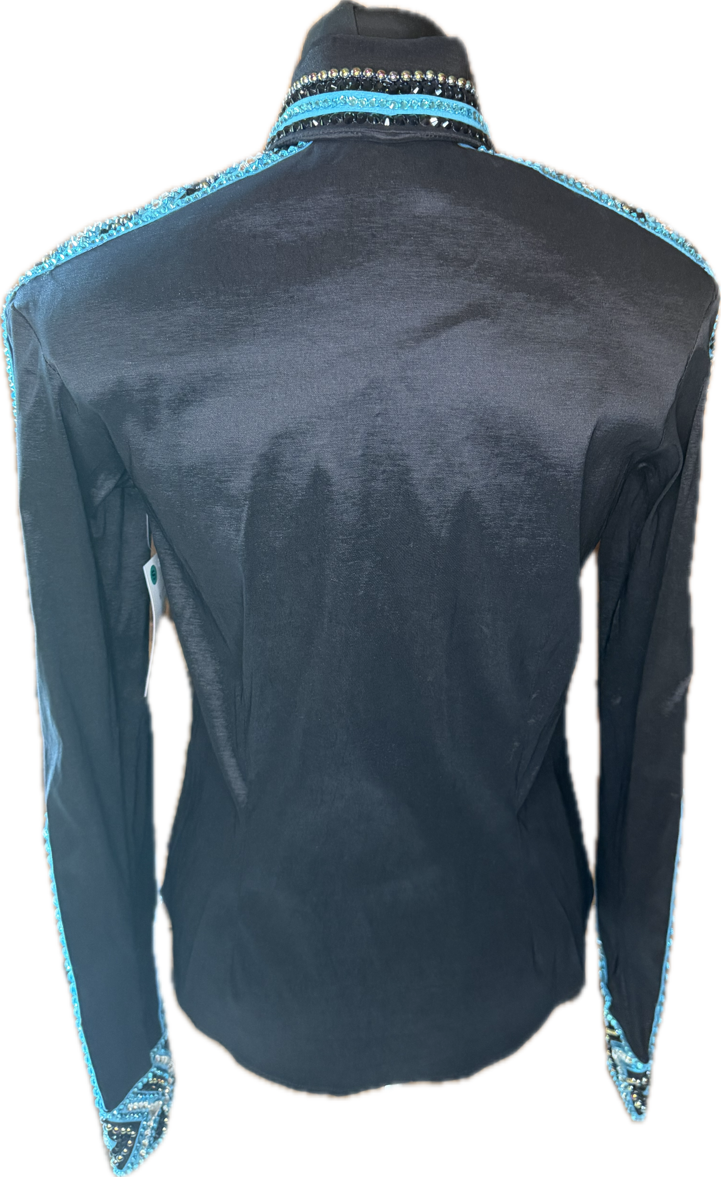 Size Small Black Stretch Taffeta With Aqua Blue and Clear Crystals