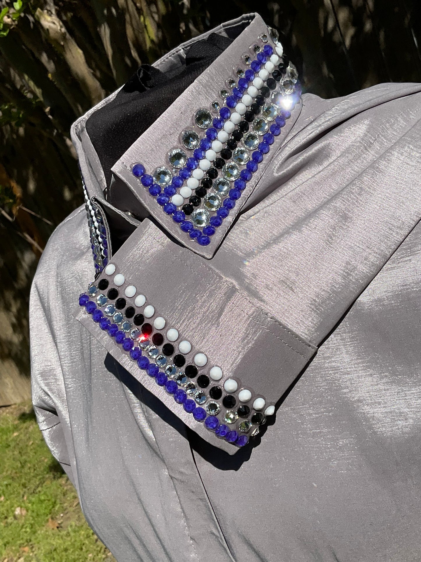 5XL Grey Shirt hidden zipper stretch taffeta with purple and black