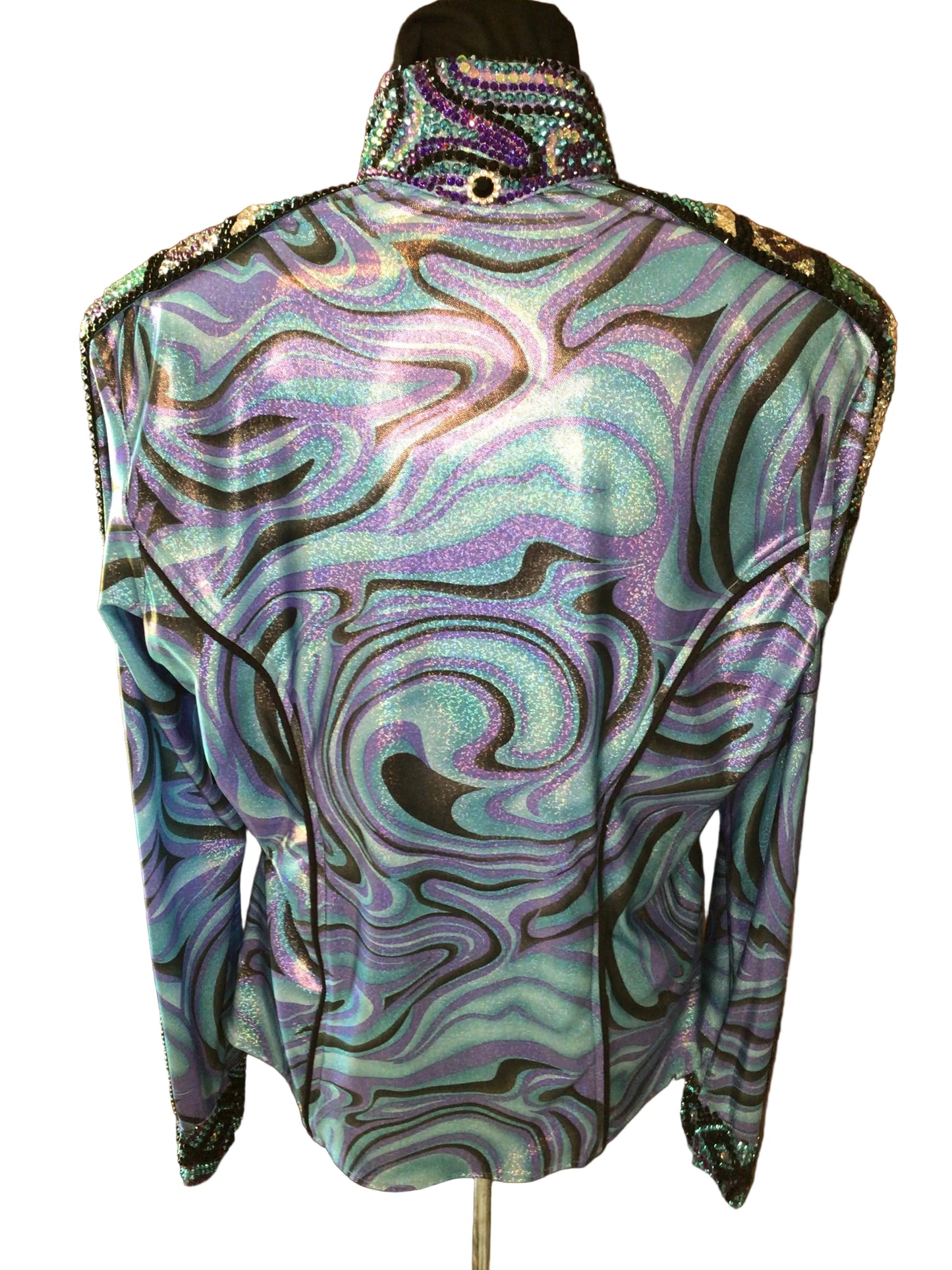 XL Blue and Purple Stretch Lycra Printed Day Shirt. Black and Clear Crystal Accents