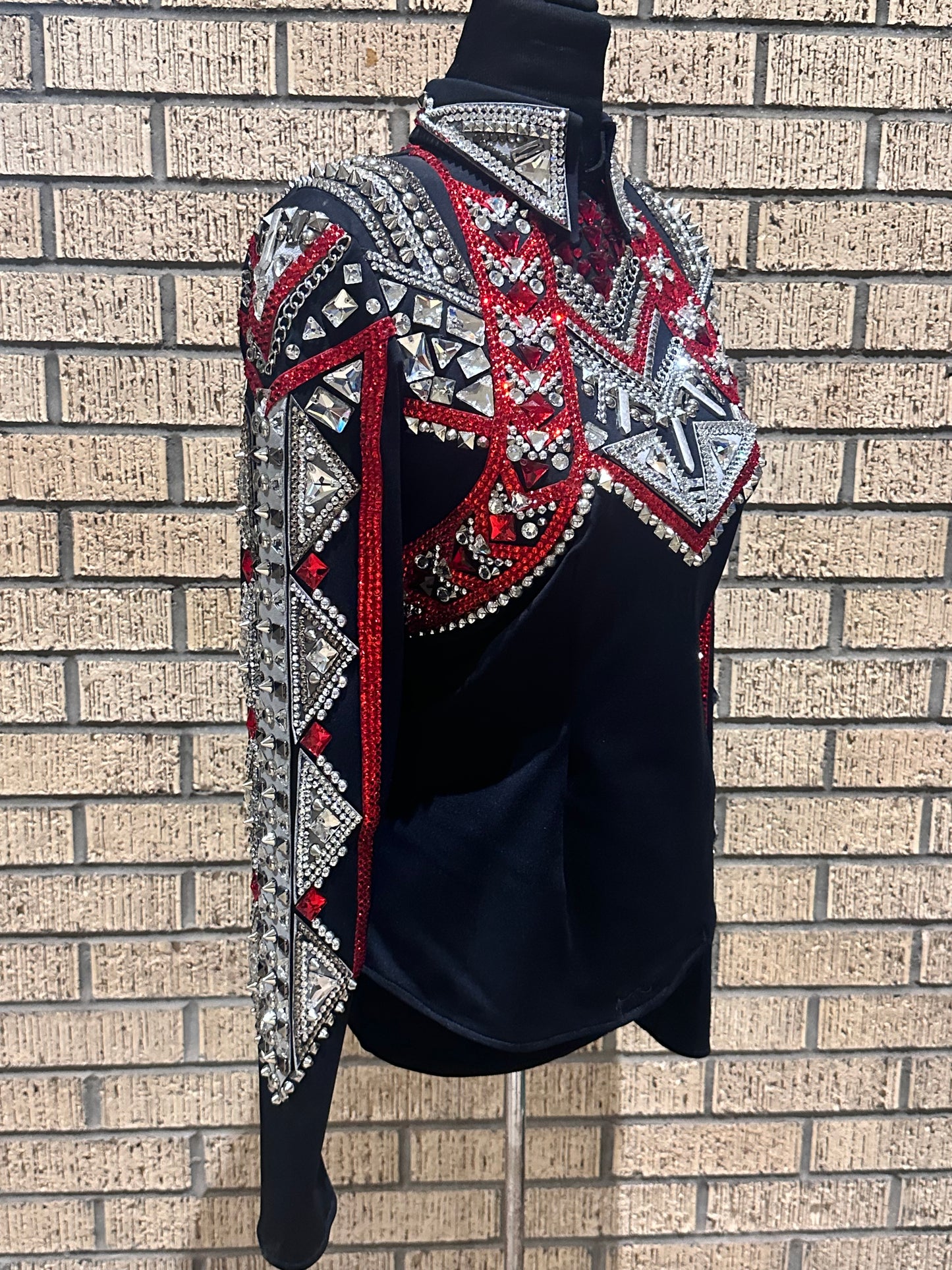 Large Black Horsemanship Shirt with Red and Silver