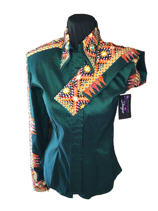 Medium Hunter Green Stretch Taffeta with Aztec Shoulder and Sleeves