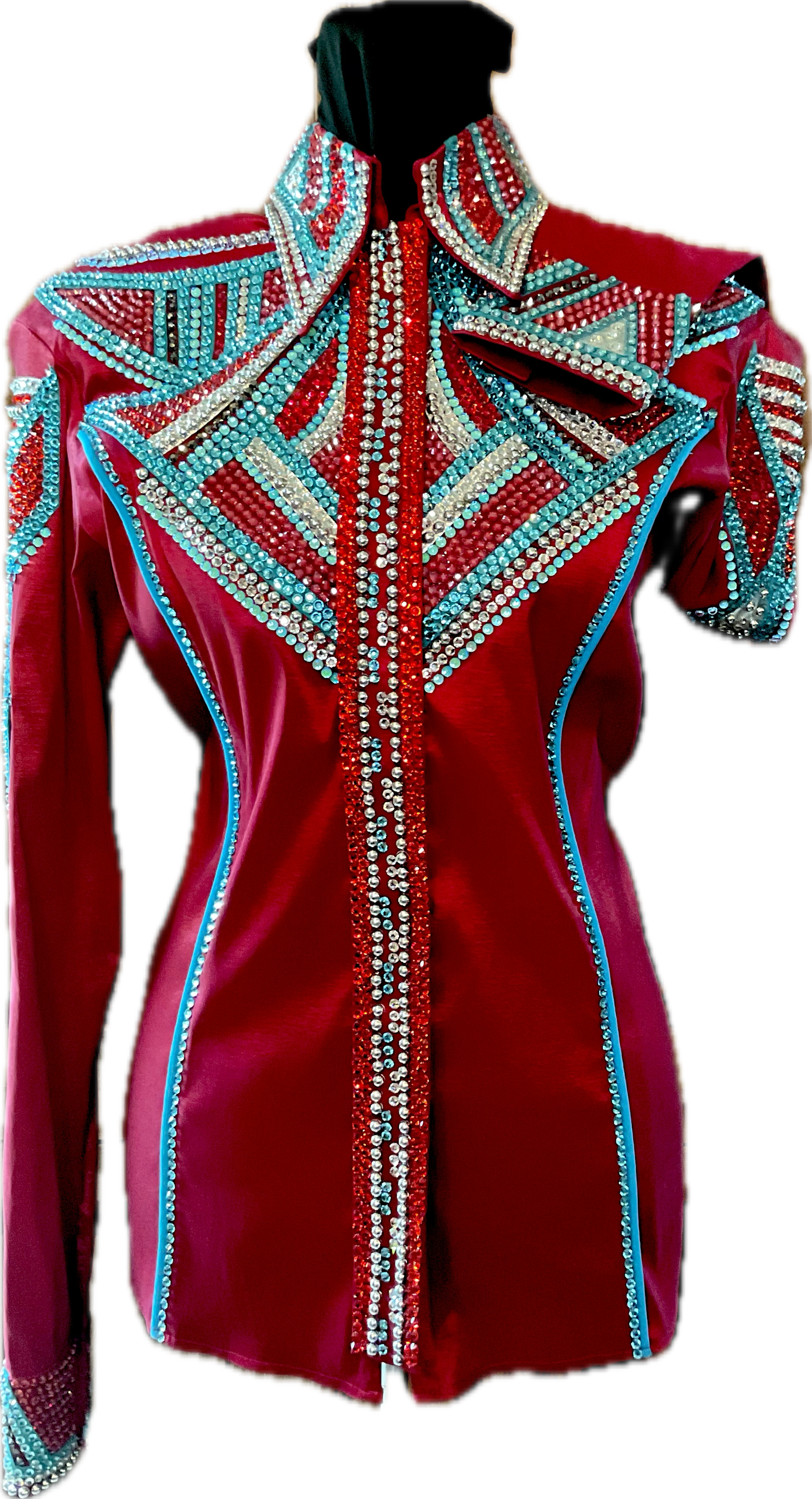 Large Red Stretch Taffeta Day Shirt with Aqua and Silver