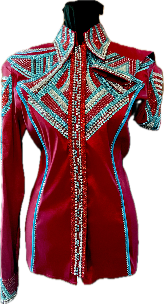 Large Red Stretch Taffeta Day Shirt with Aqua and Silver