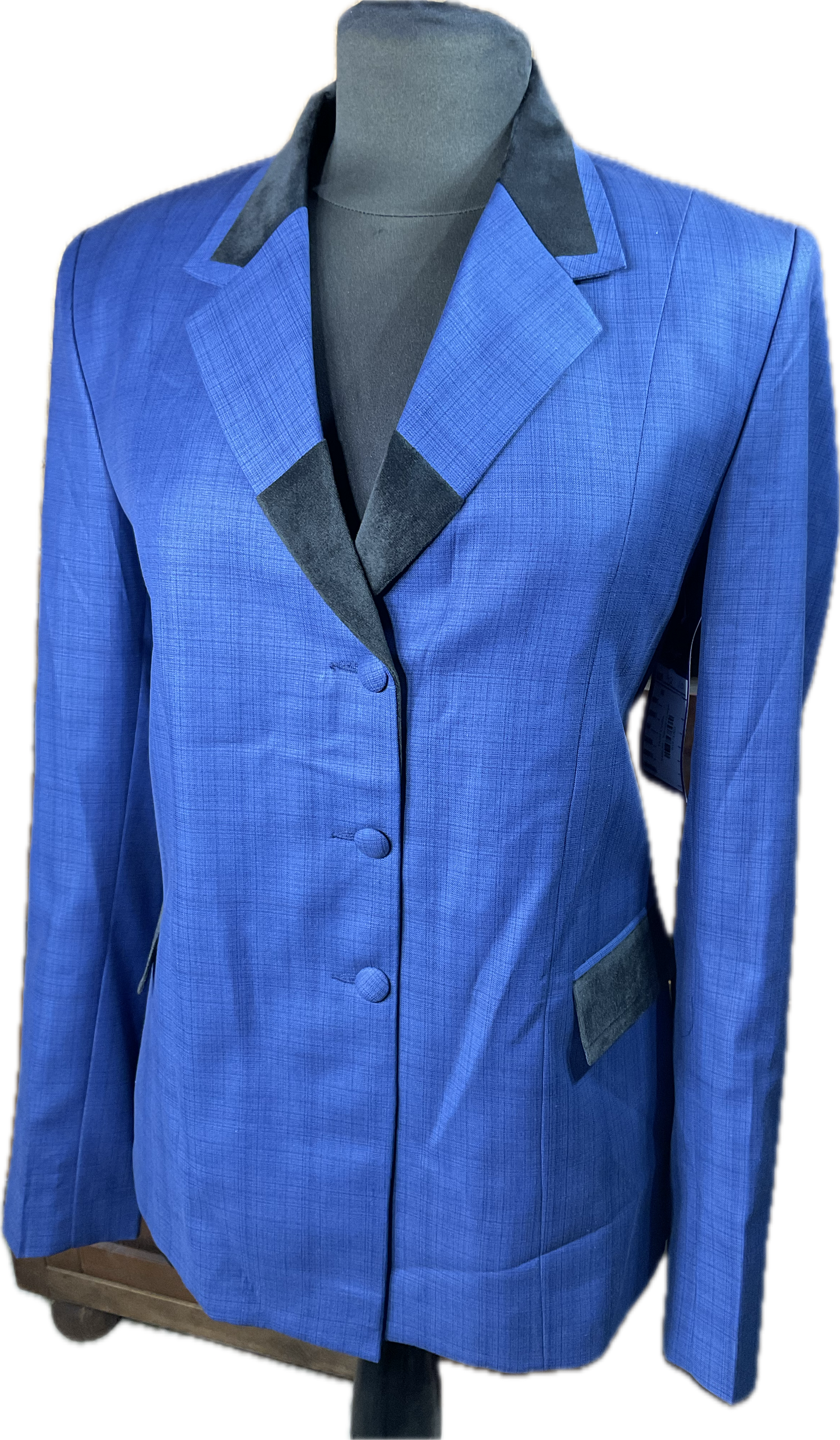 *42 Bust* Blue plaid with black velvet trims. Hidden zipper behind the buttons.