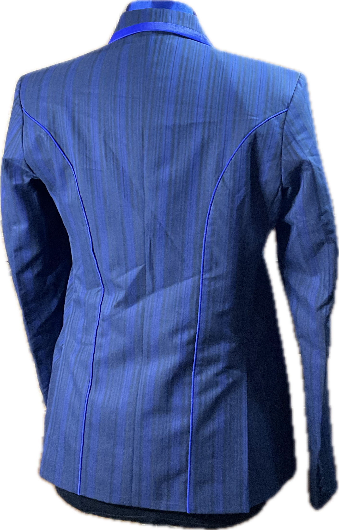 *37 Bust* Navy and black trims showmanship jacket with matching royal blue shirt. Hidden zippers behind the buttons.