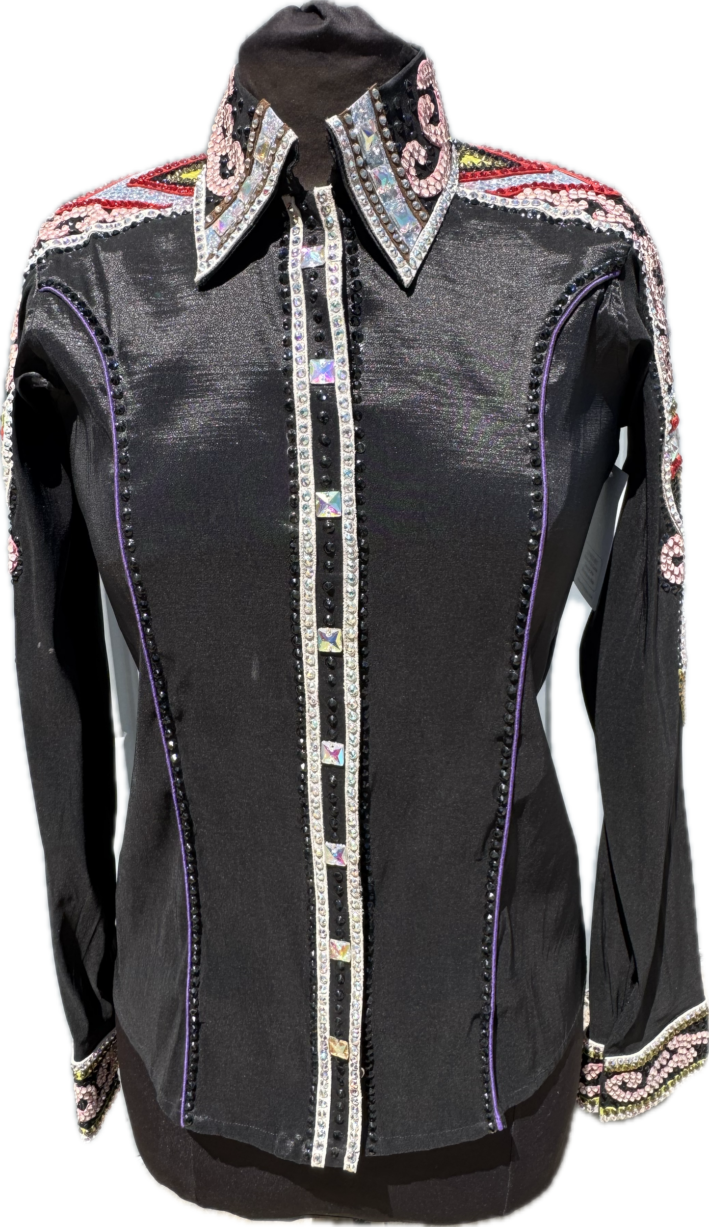 Size medium Black Stretch Taffeta with Pink, Red, White, Copper