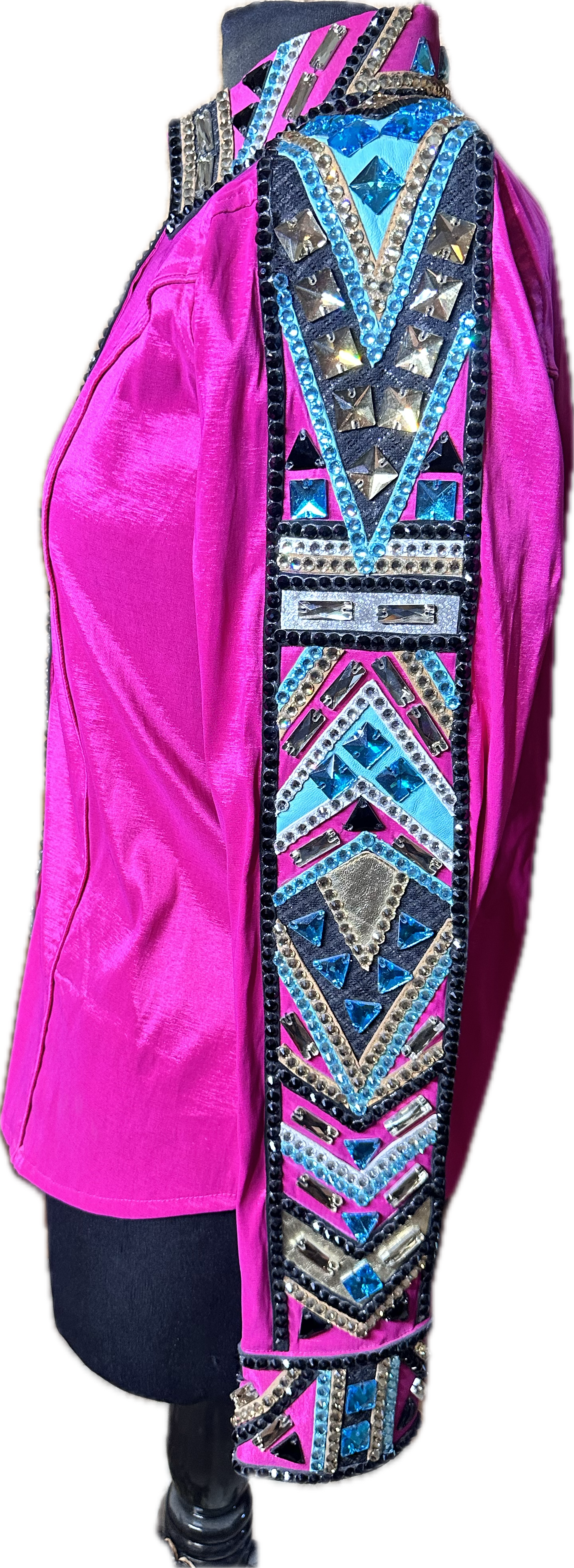 Size Large Fuchsia Stretch Taffeta with Aqua and Gold