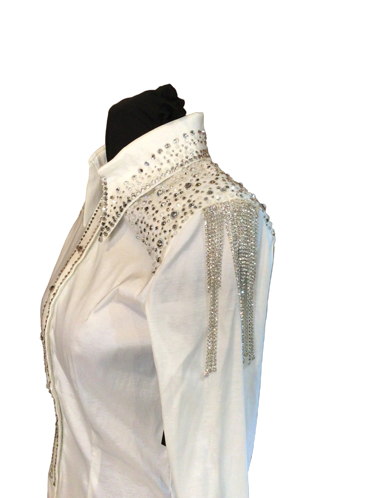 Small White Stretch Taffeta Day Shirt with Silver Rhinestone Fringe Sleeves