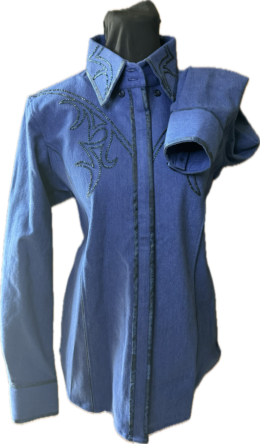 Size Large stretch denim retro design tone on tone shirt