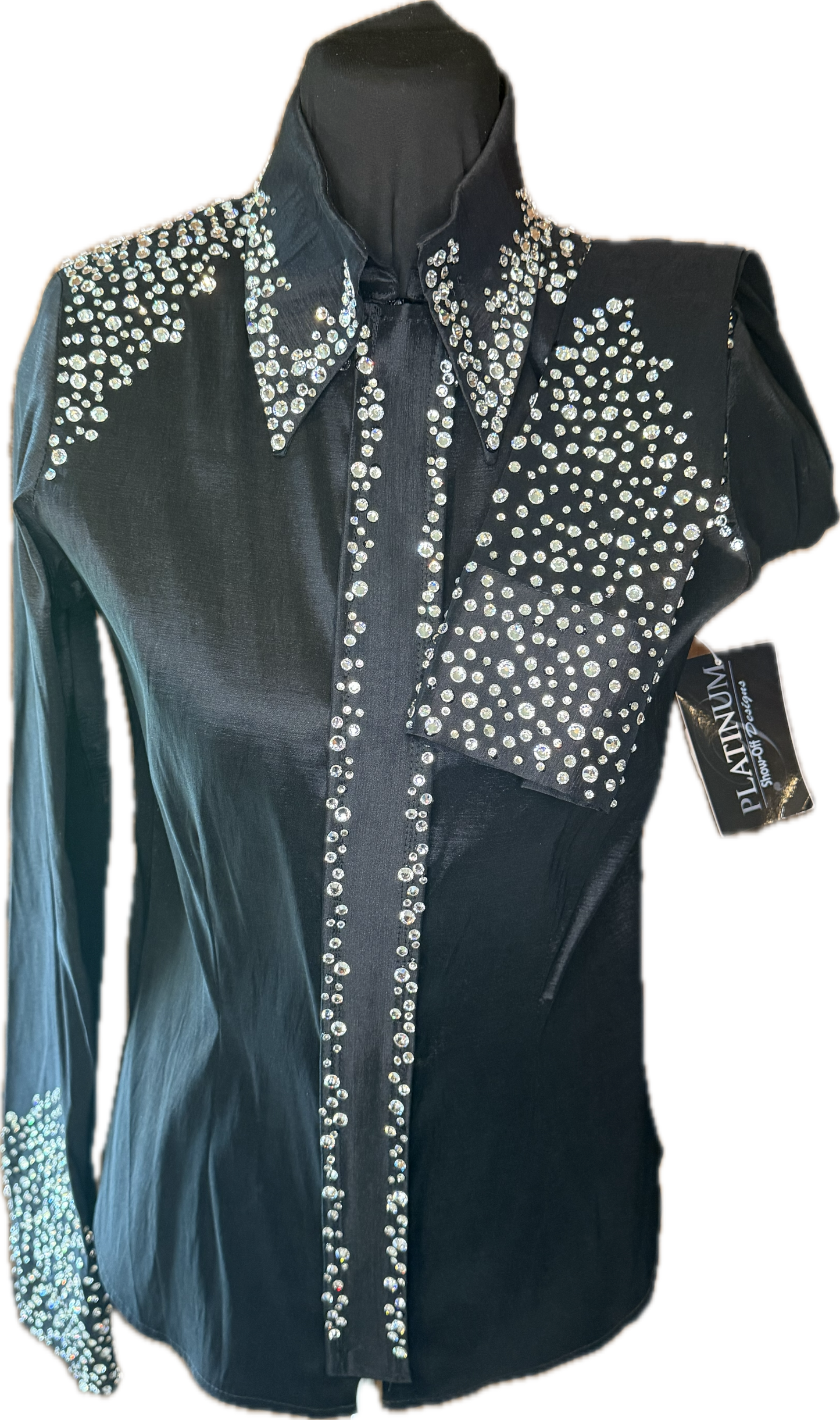 Size small day shirt Black Stretch Taffeta with Clear Crystals