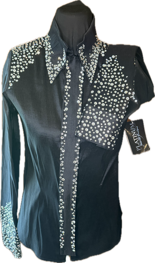 Size small day shirt Black Stretch Taffeta with Clear Crystals