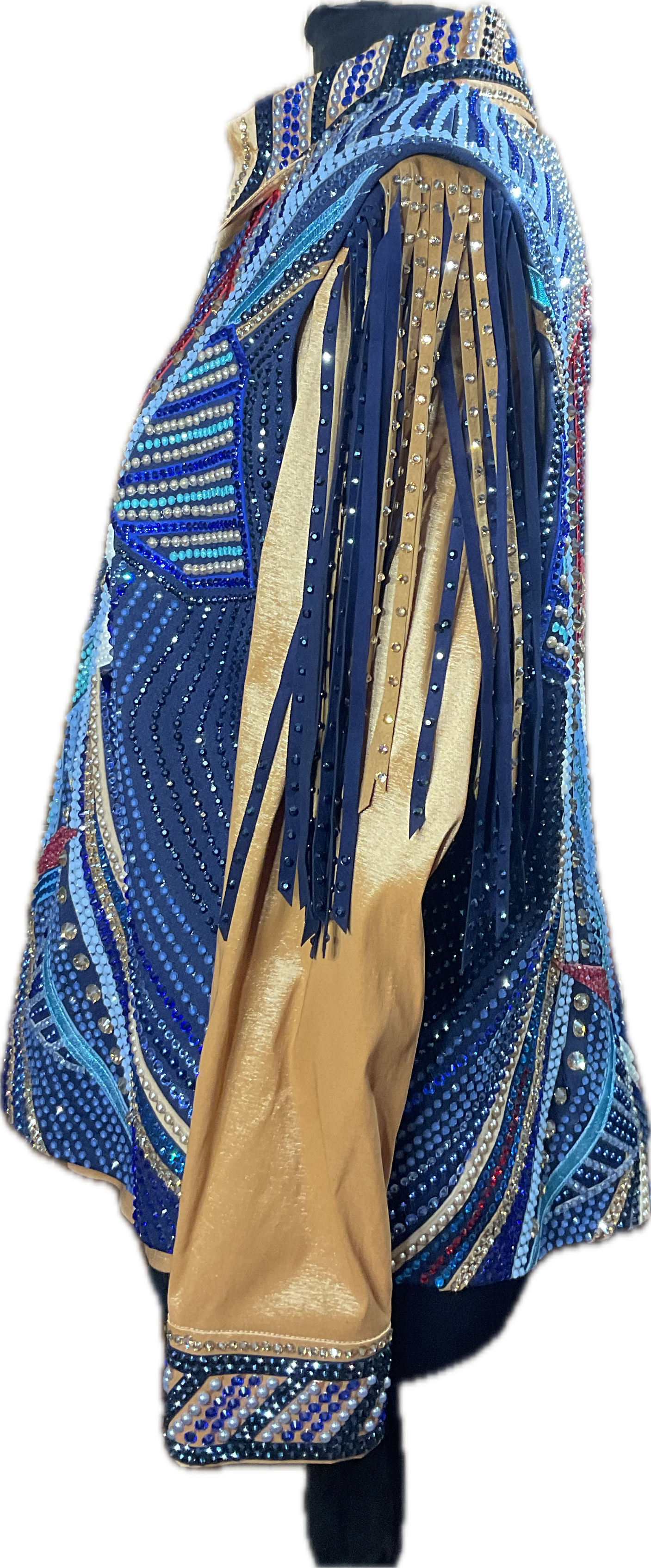 Size XXL navy vest with dark gold matching shirt and detachable fringe. Shades of blue, red, white, turquoise and gold accents