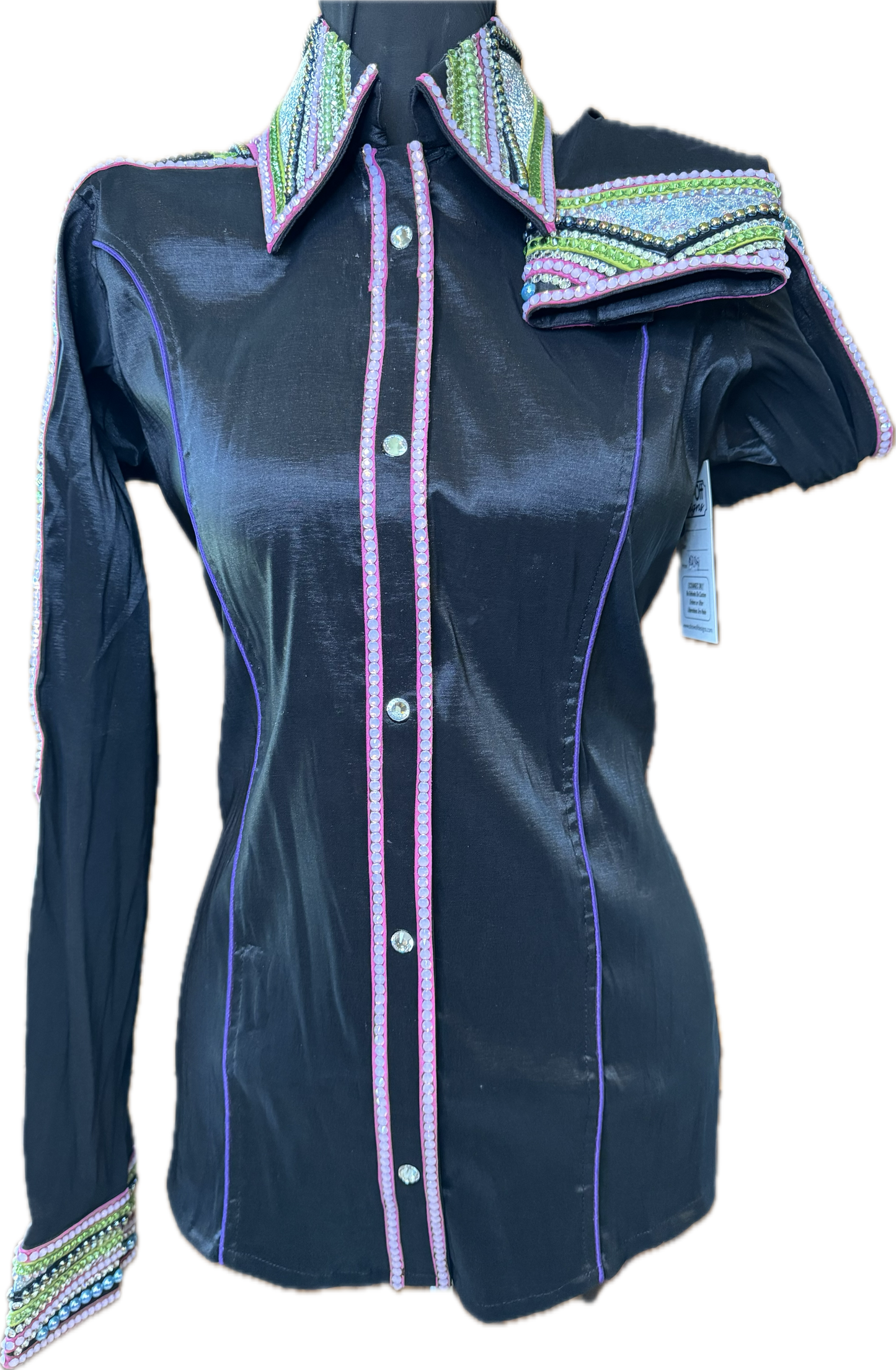 Size Medium Black Stretch Taffeta with Pink, Silver and Green Accents