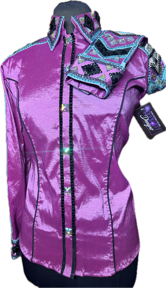 Size Large Dark Rose Stretch Taffeta with Aqua and Gold