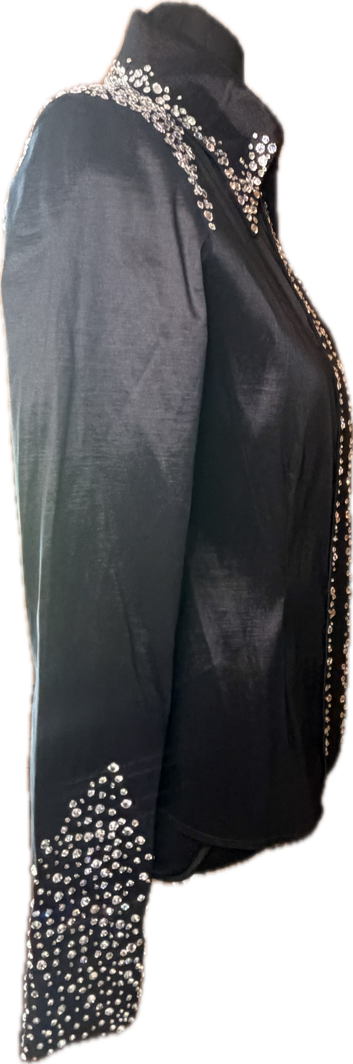 Size small day shirt Black Stretch Taffeta with Clear Crystals