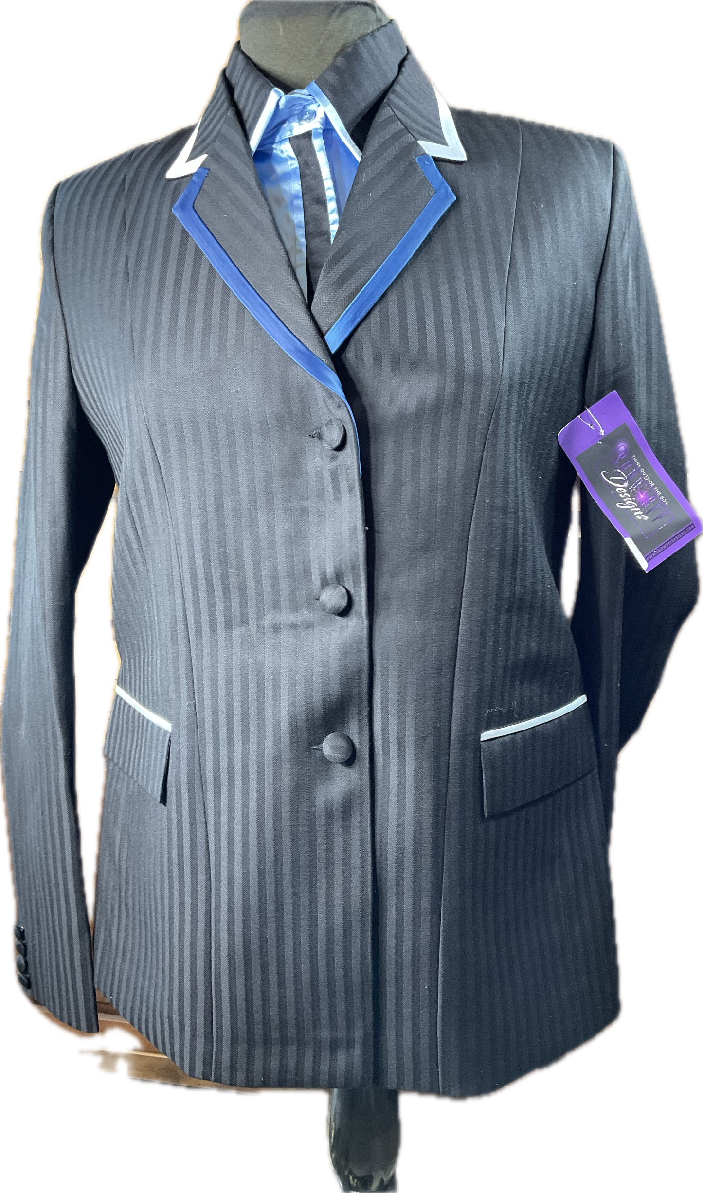 *38 Bust* Black pinstripe blue trims showmanship jacket with matching shirt. Hidden zippers behind the buttons.