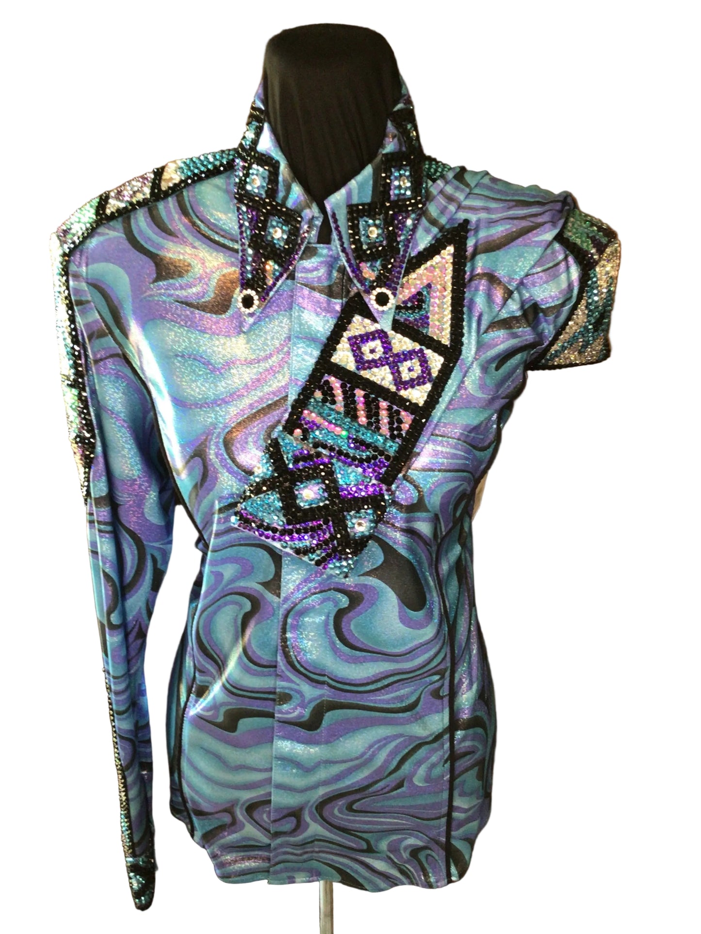 XL Blue and Purple Stretch Lycra Printed Day Shirt. Black and Clear Crystal Accents