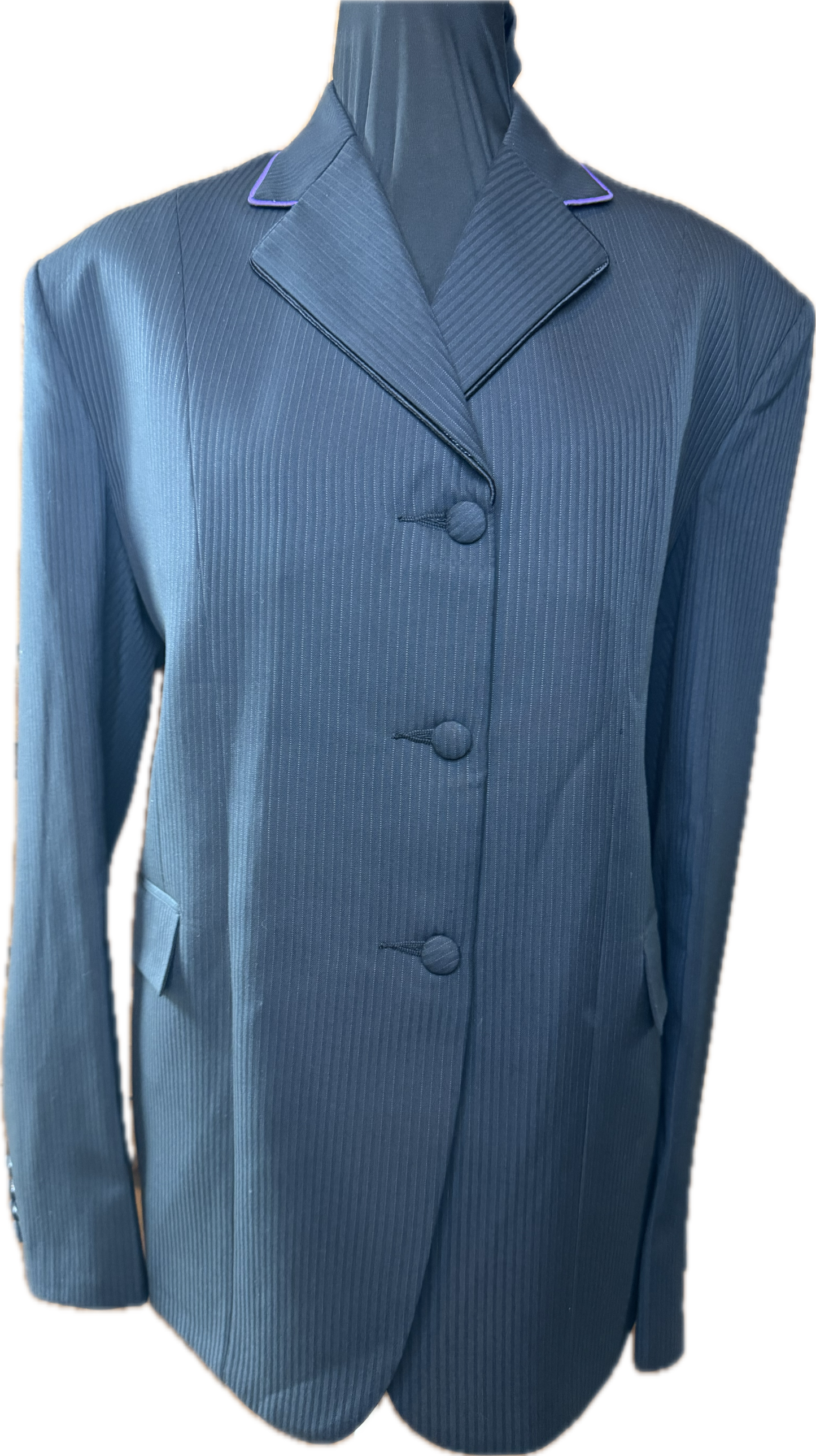 *42 Bust* Black Pin Stripe with Purple Piping