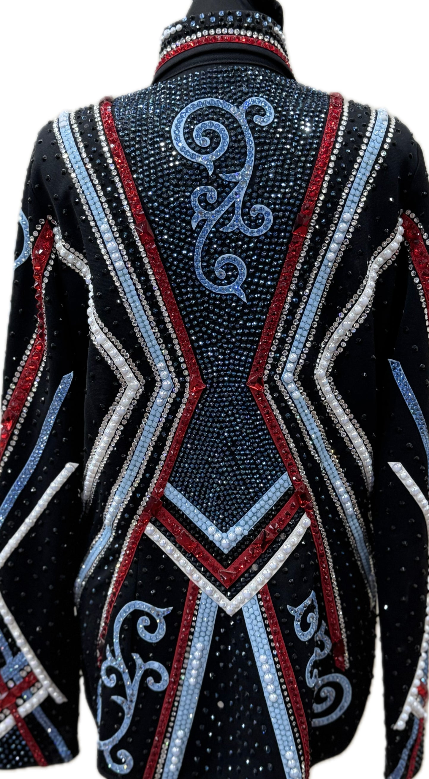 Large Black Showmanship Jacket with Red, Royal Blue and Sky Blue Accents
