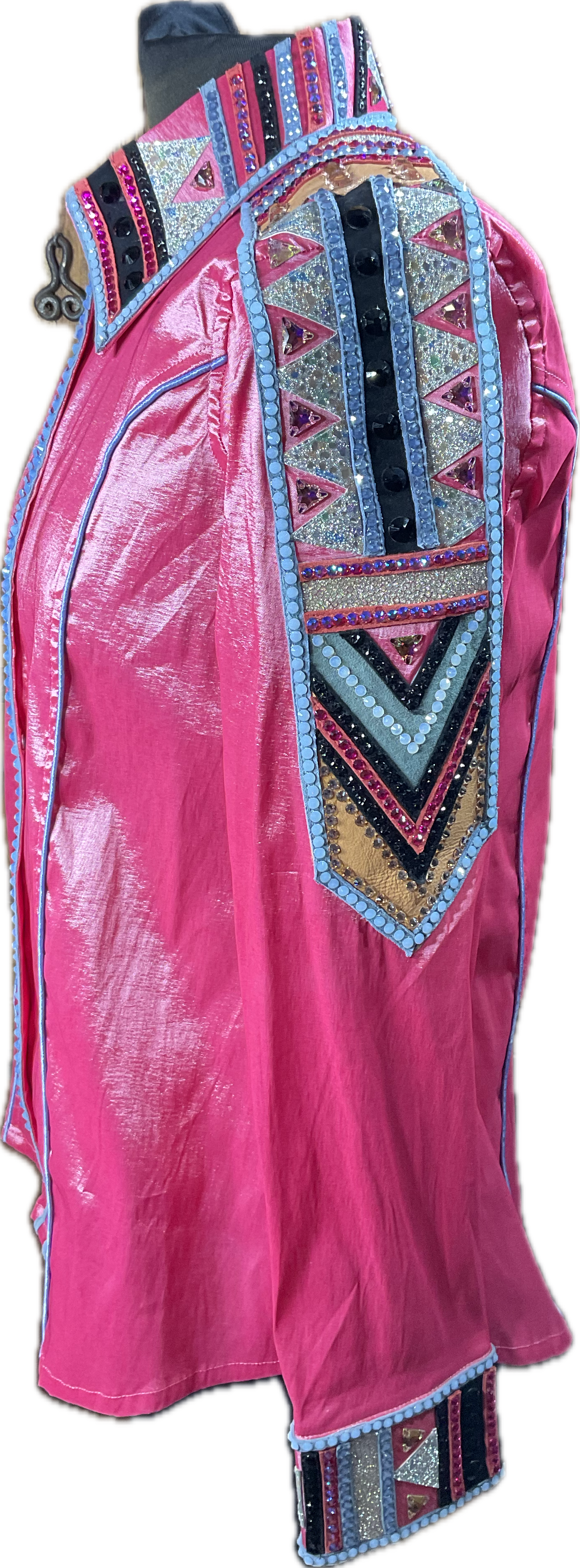 XXL bright coral/pink stretch taffeta day shirt with blue, pink, black and silver accents