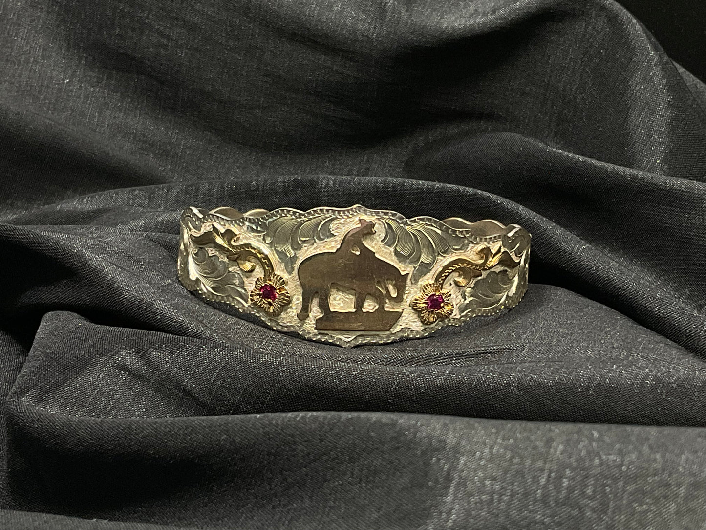 Silver By Wanda Bracelet Cuff #BITR Trail horse with pink CZ stones in floral design