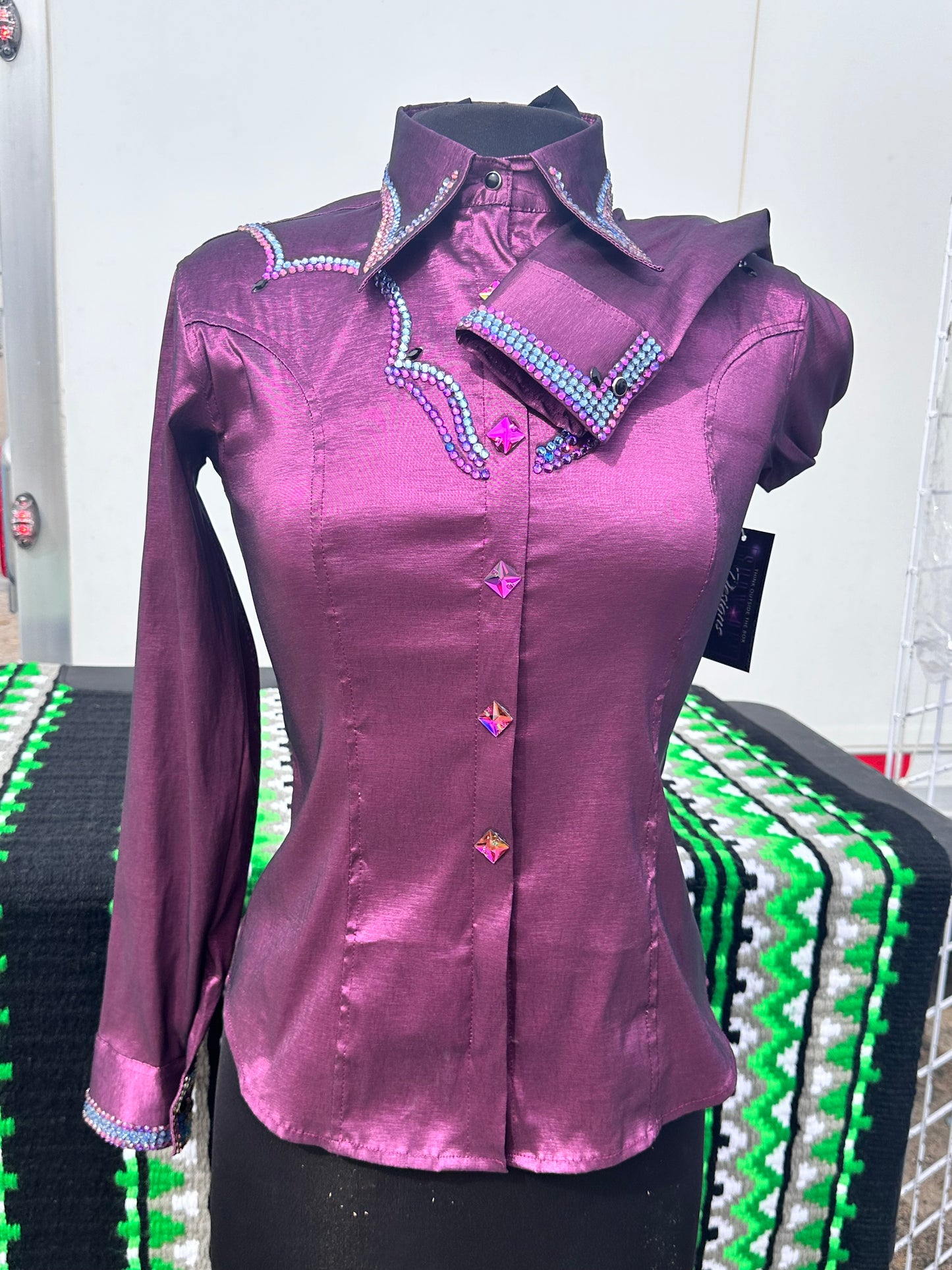 XS day shirt stretch taffeta deep rose purple with purple and light sapphire western yoke