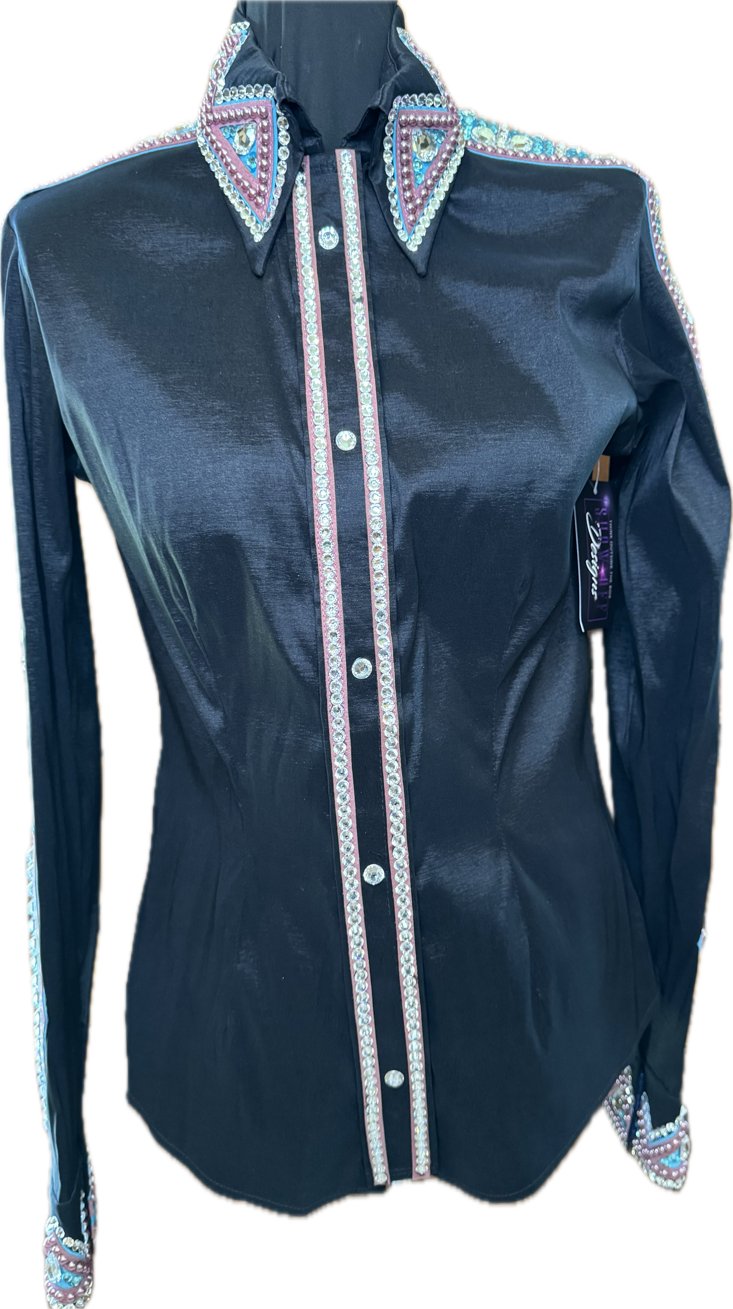 Size Medium Black Stretch Taffeta with Mauve and Aqua Accents