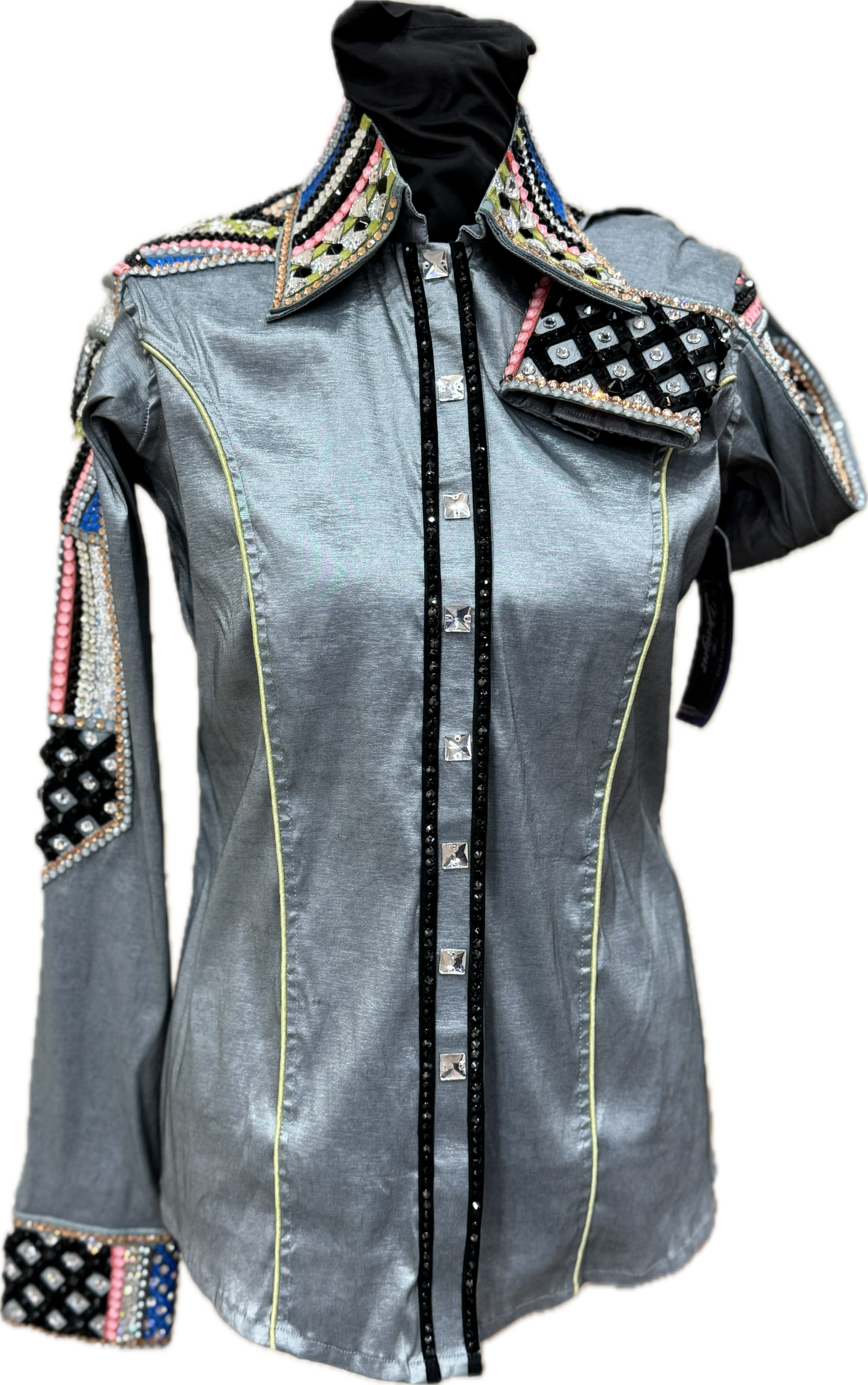 Size Small Light Grey Stretch Taffeta with Coral, Lime Green, Neon Blue and Black Accents