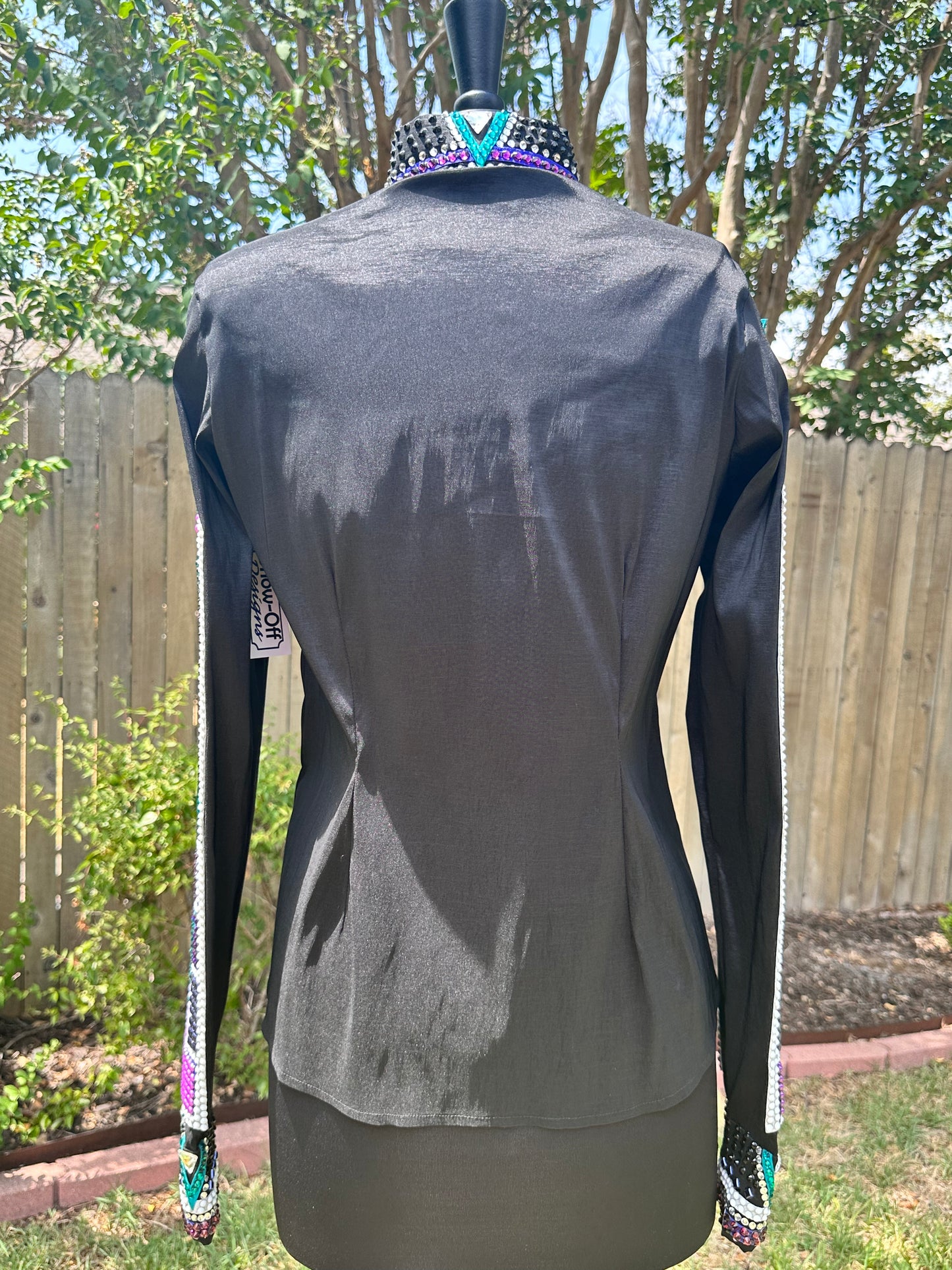 Size medium black stretch taffeta hidden zipper purples and teals