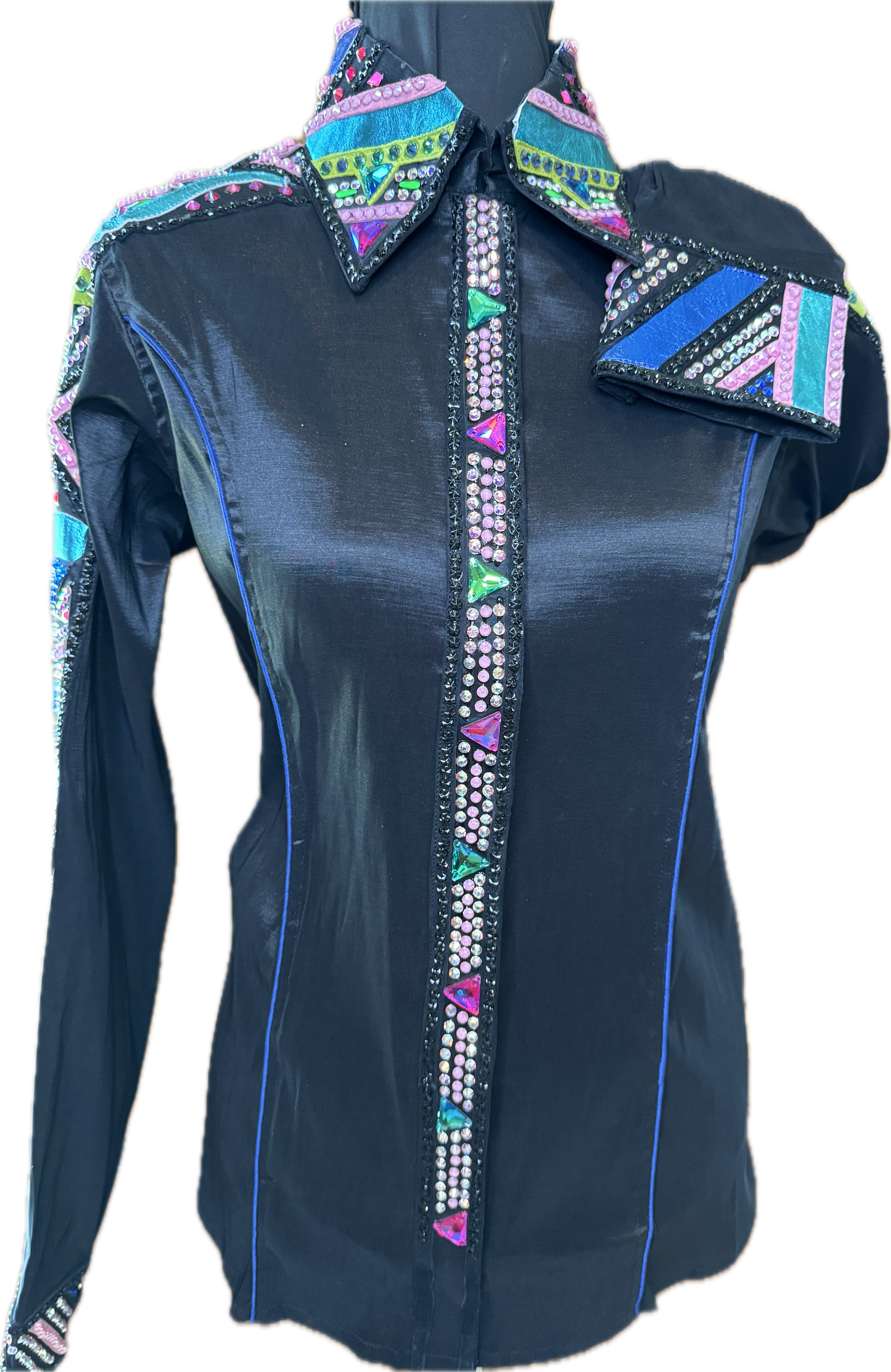 Large Black Stretch Taffeta with Turquoise, Pink, and Green Accents