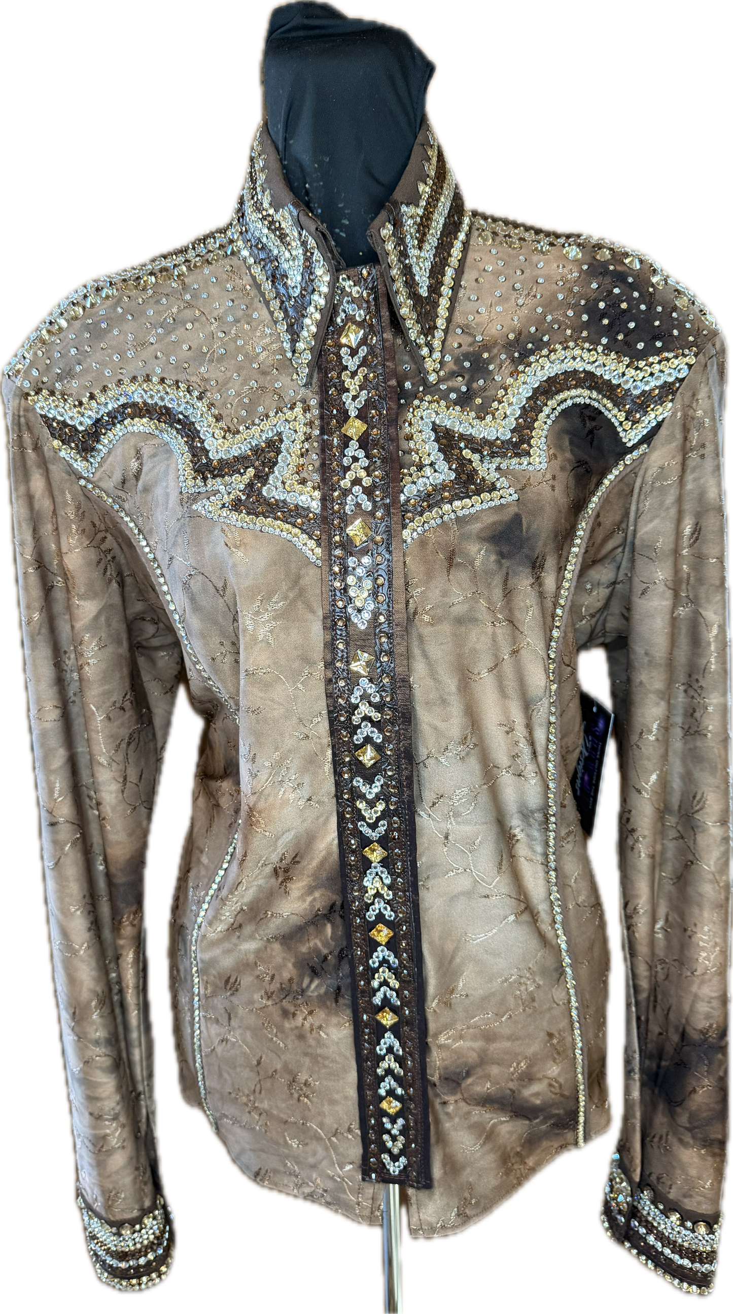 Size Large Brown Printed Lycra Day Shirt with Gold Retro Design