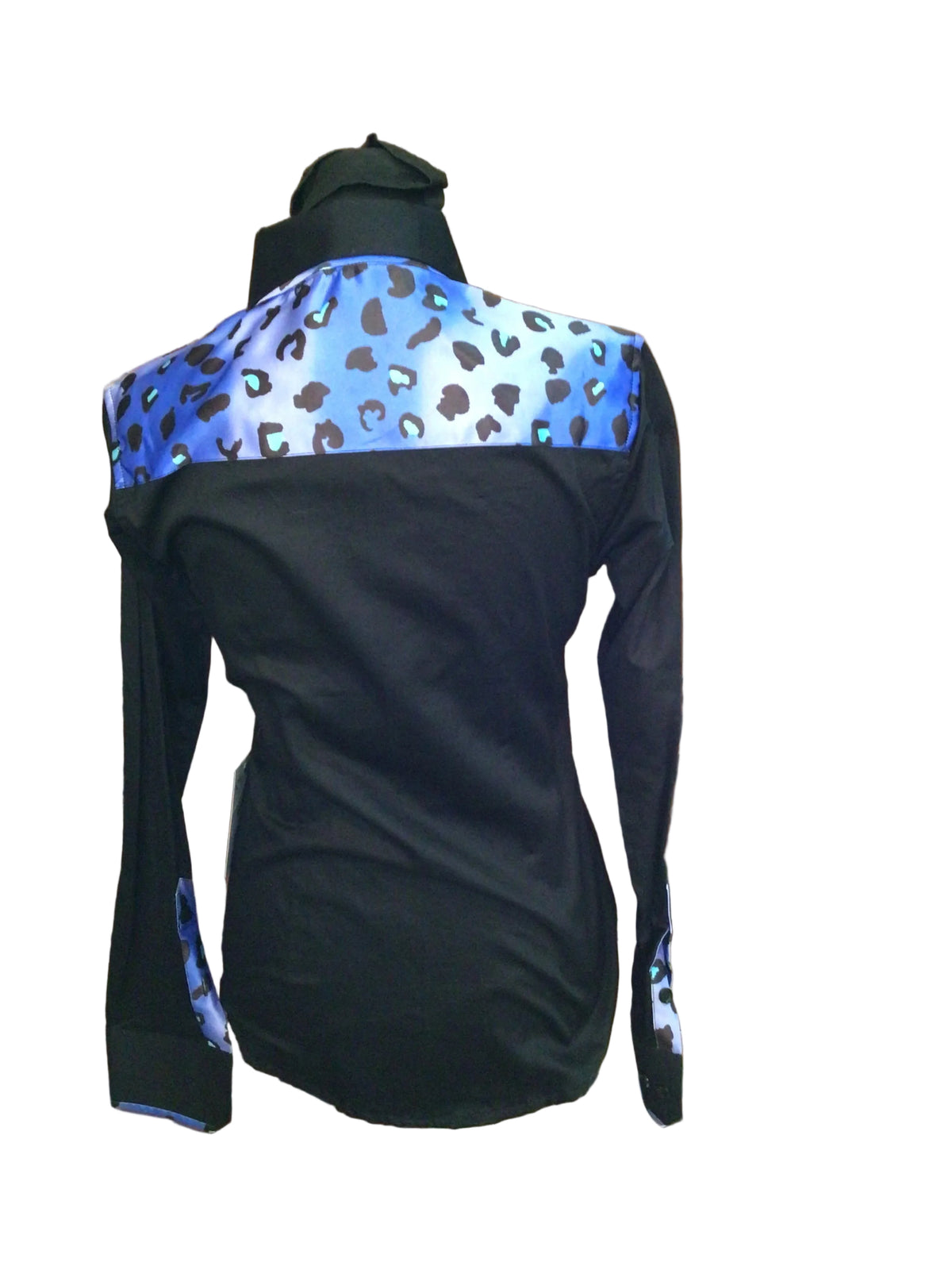 XS Black Cotton Day Shirt with Black and Blue Leopard Print Details