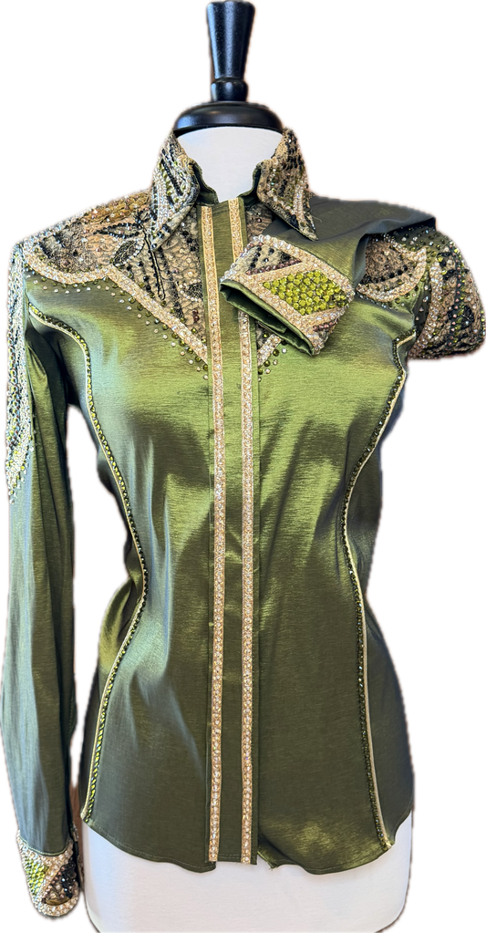 Size large olive green stretch taffeta with retro floral design day shirt