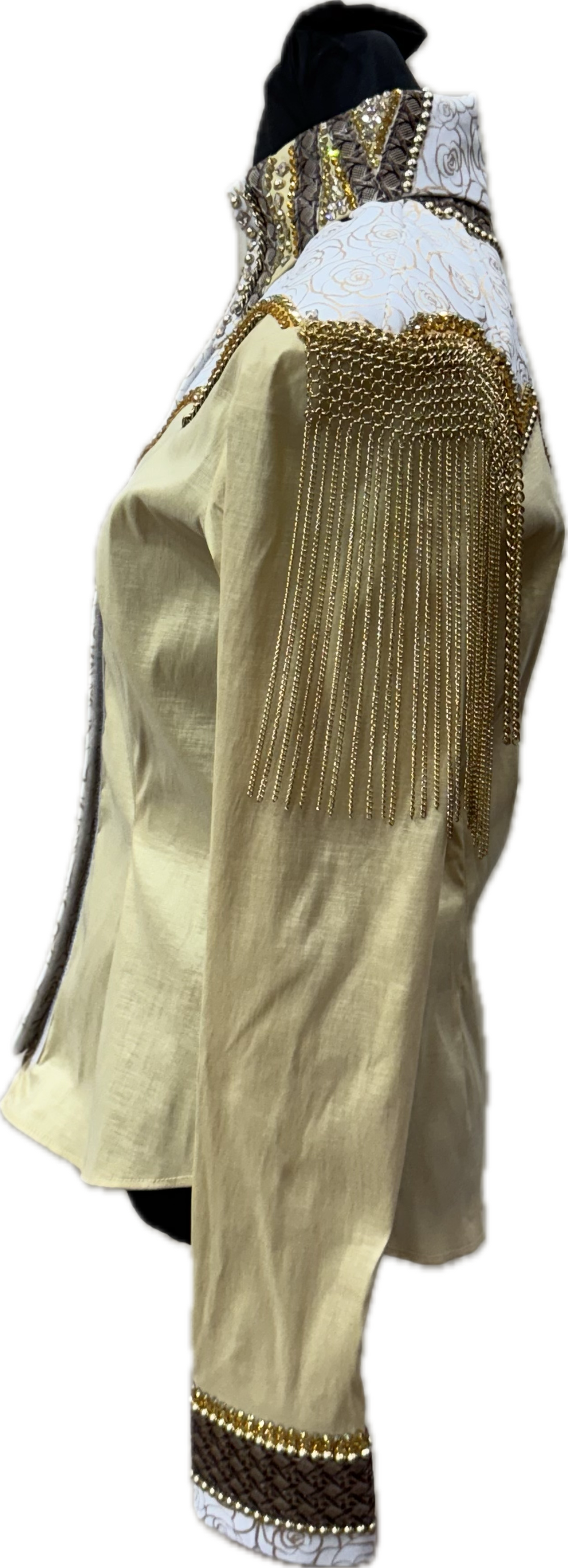 Size Medium Gold Stretch Taffeta. Retro Floral Design with Gold Chain Fringe and Leather Accents