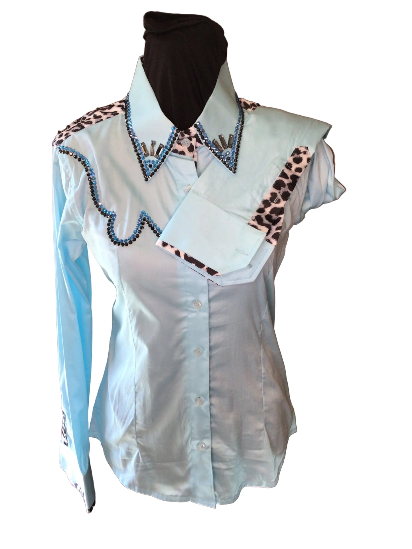 XS Light Blue Cotton Day Shirt. Button Front with Animal Print Yoke