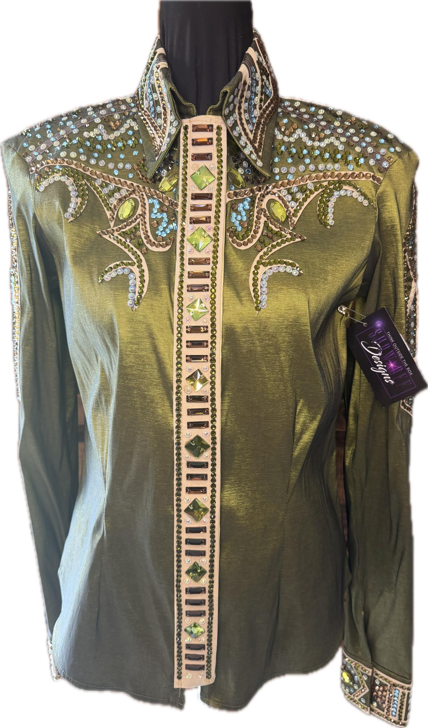 Medium Show Olive Green Stretch Taffeta Day Shirt Retro Design