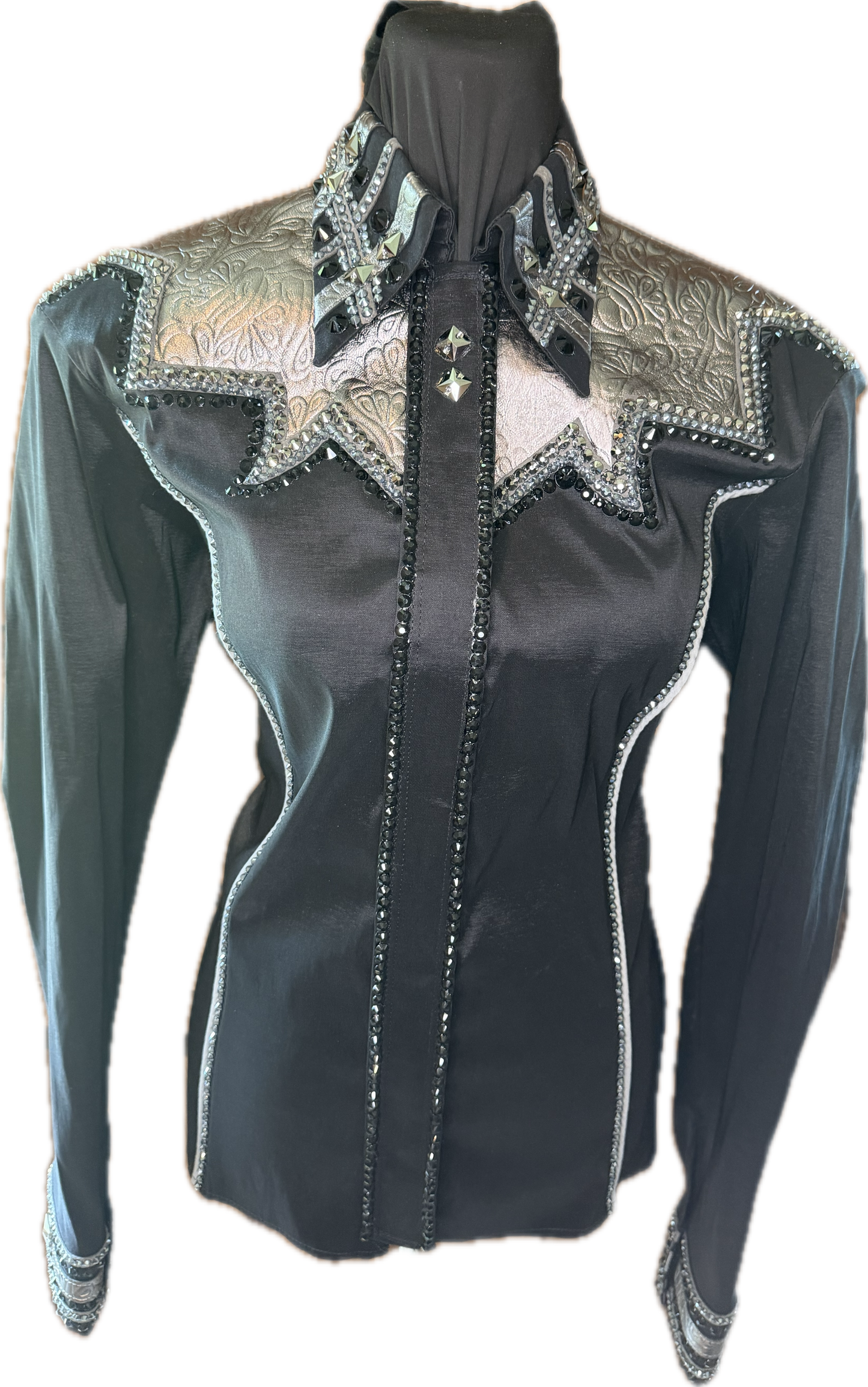 Large Stretch Taffeta Day Shirt Black with Soft Charcoal Tooled Leather Retro Design
