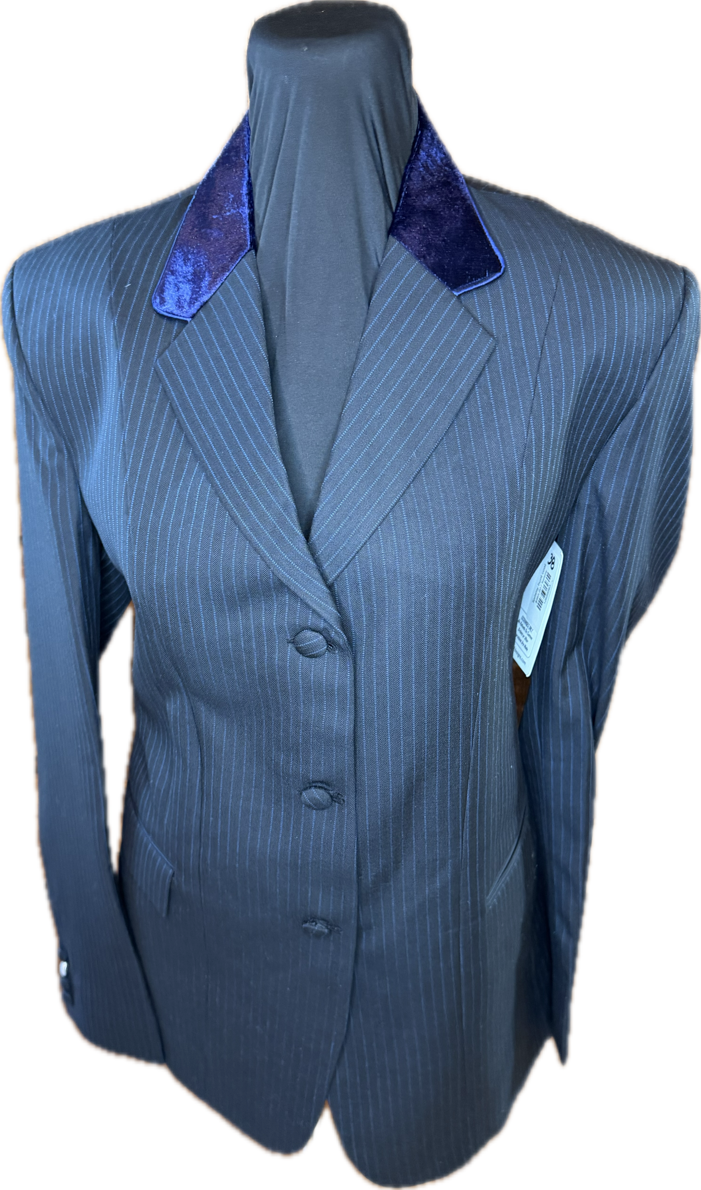 *36 Bust* Black Pint Stripe with Navy Blue and Navy Velvet Collar