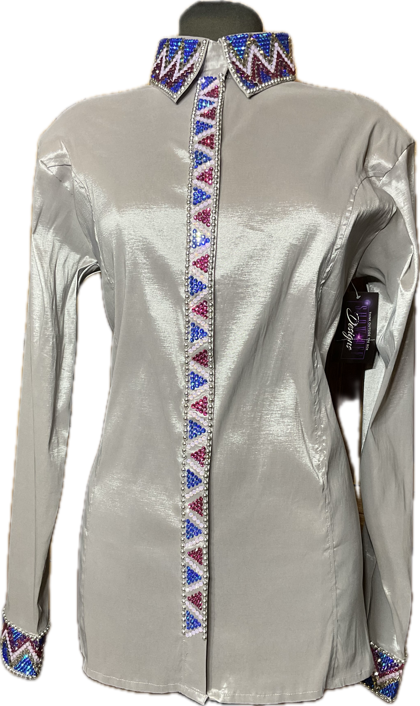 Size XXL black vest set with purples and blues. Detachable shoulder fringe and matching silver stretch taffeta day shirt