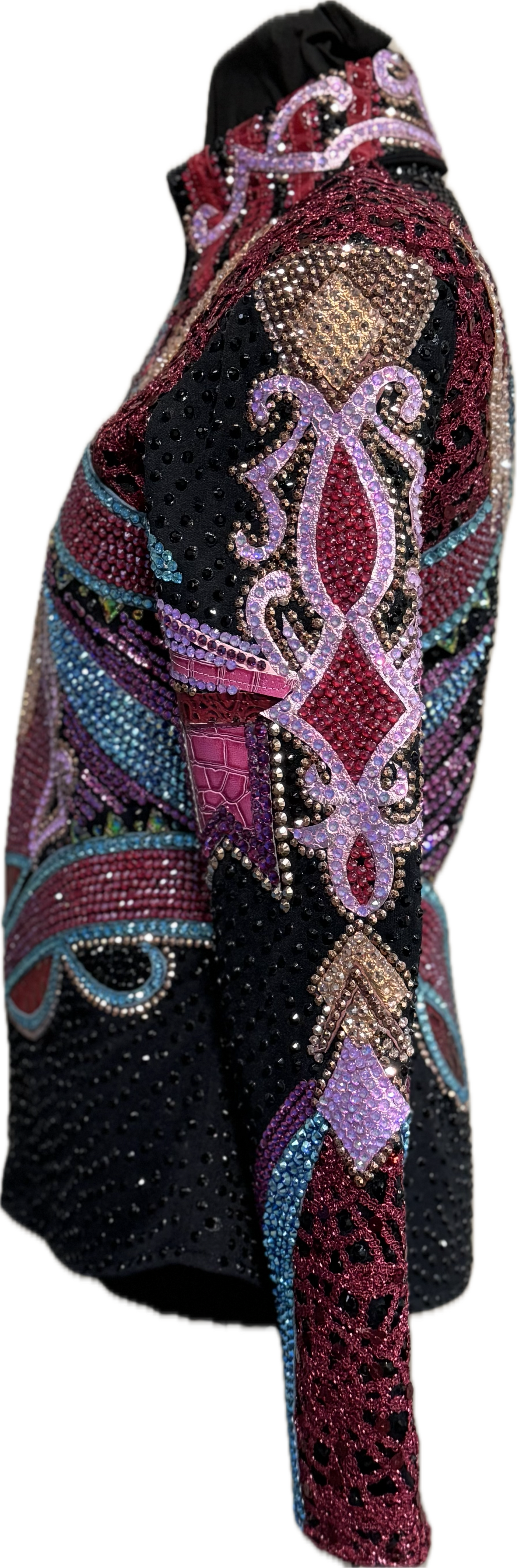Extra Small Black Showmanship Jacket with Burgundy, Pink and Blues
