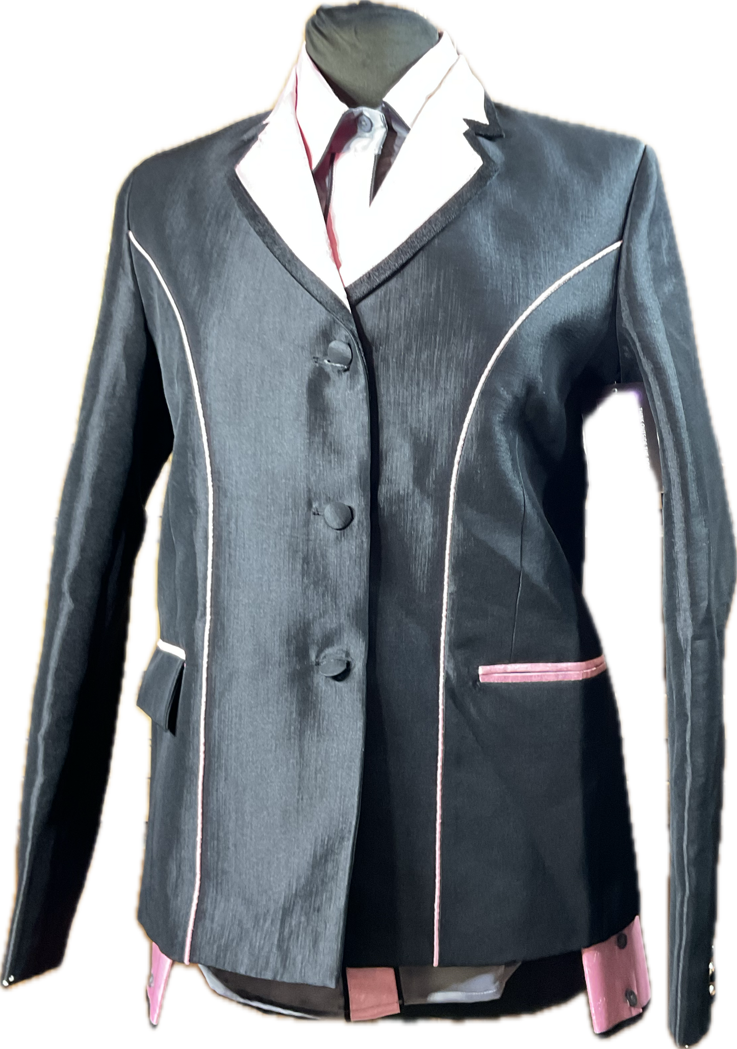 *38 Bust* Black stretch taffeta with pink trims and matching grey and pink shirt, hidden zippers