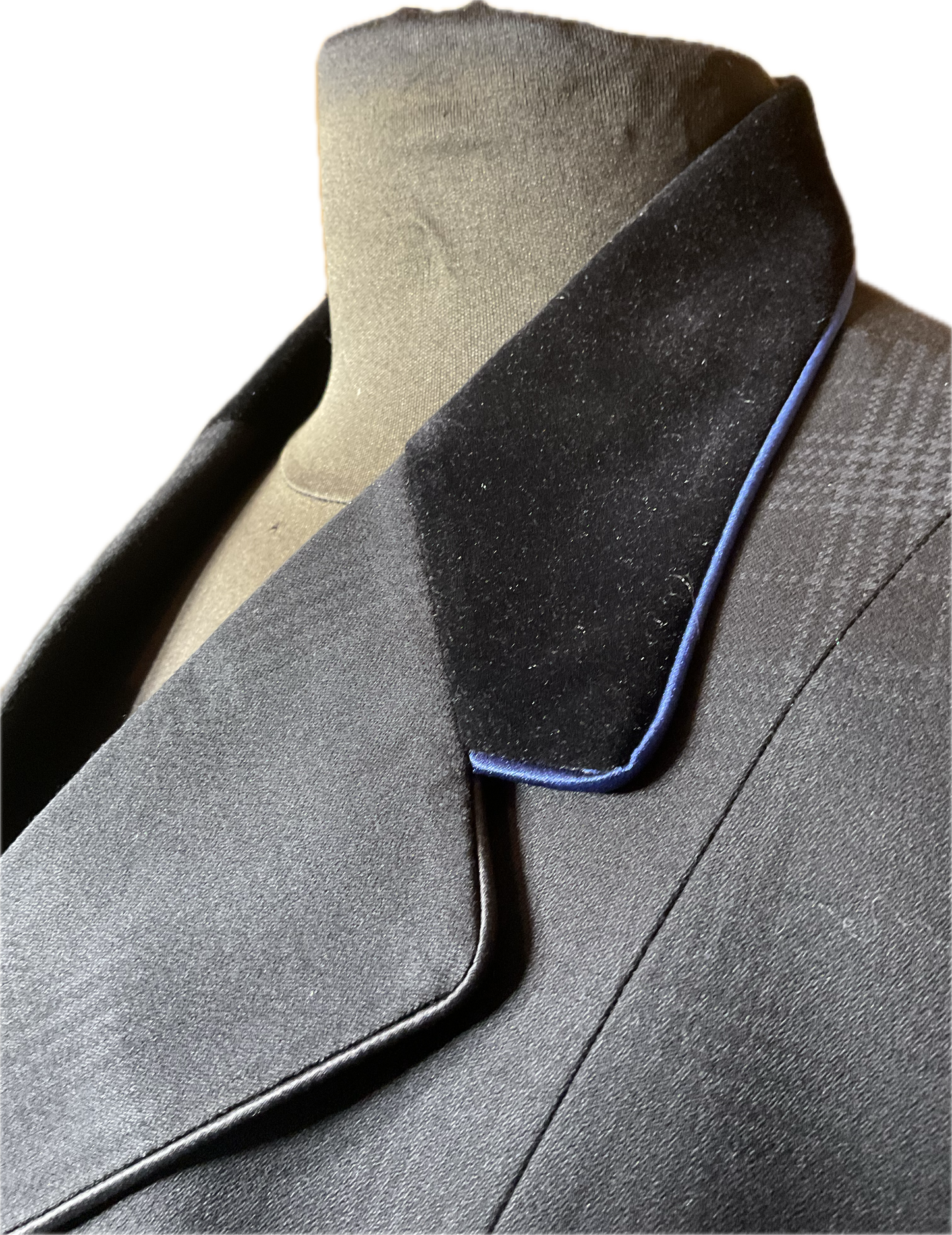 *40 Bust* Black Paid with Black Velvet Collar. Navy and Black Piping
