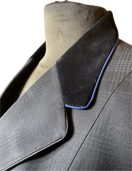*40 Bust* Black Paid with Black Velvet Collar. Navy and Black Piping