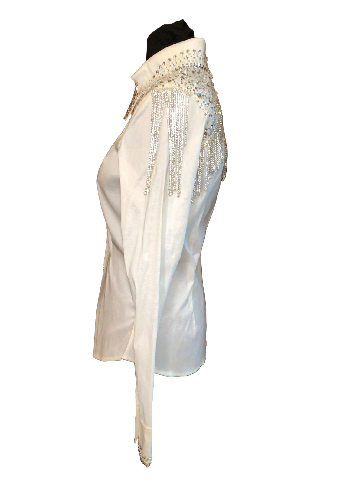 Small White Stretch Taffeta Day Shirt with Silver Rhinestone Fringe Sleeves