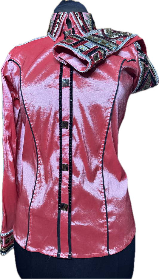 Size Large Dark Coral Stretch Taffeta with White, Red, Mint, Gold and Hide