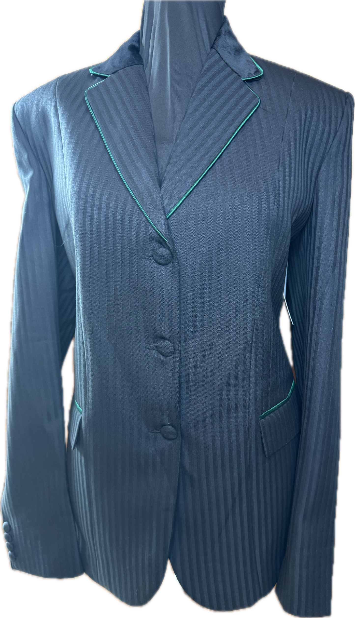 *36 Bust* Black Pin Stripe with Black Velvet Collar and Kelly Green Piping