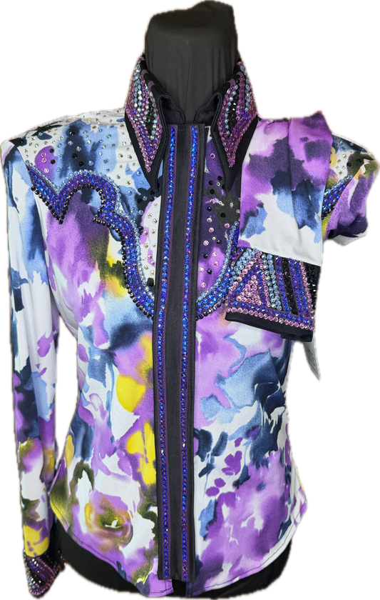 Extra Small day shirt. Stretch Lycra Purple Floral Retro Design