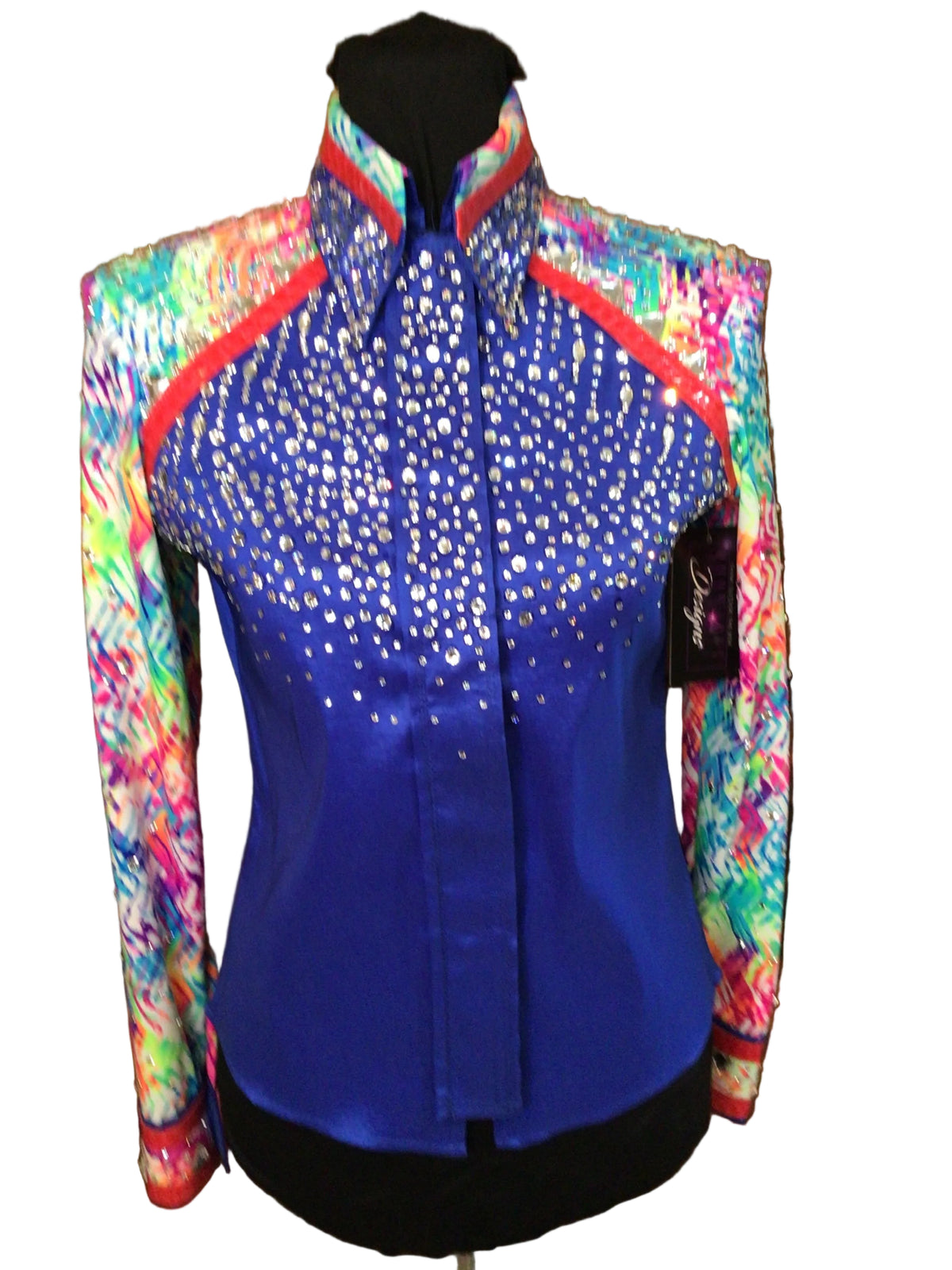 XS Royal Blue Stretch Taffeta Day Shirt with Colorful Print Details